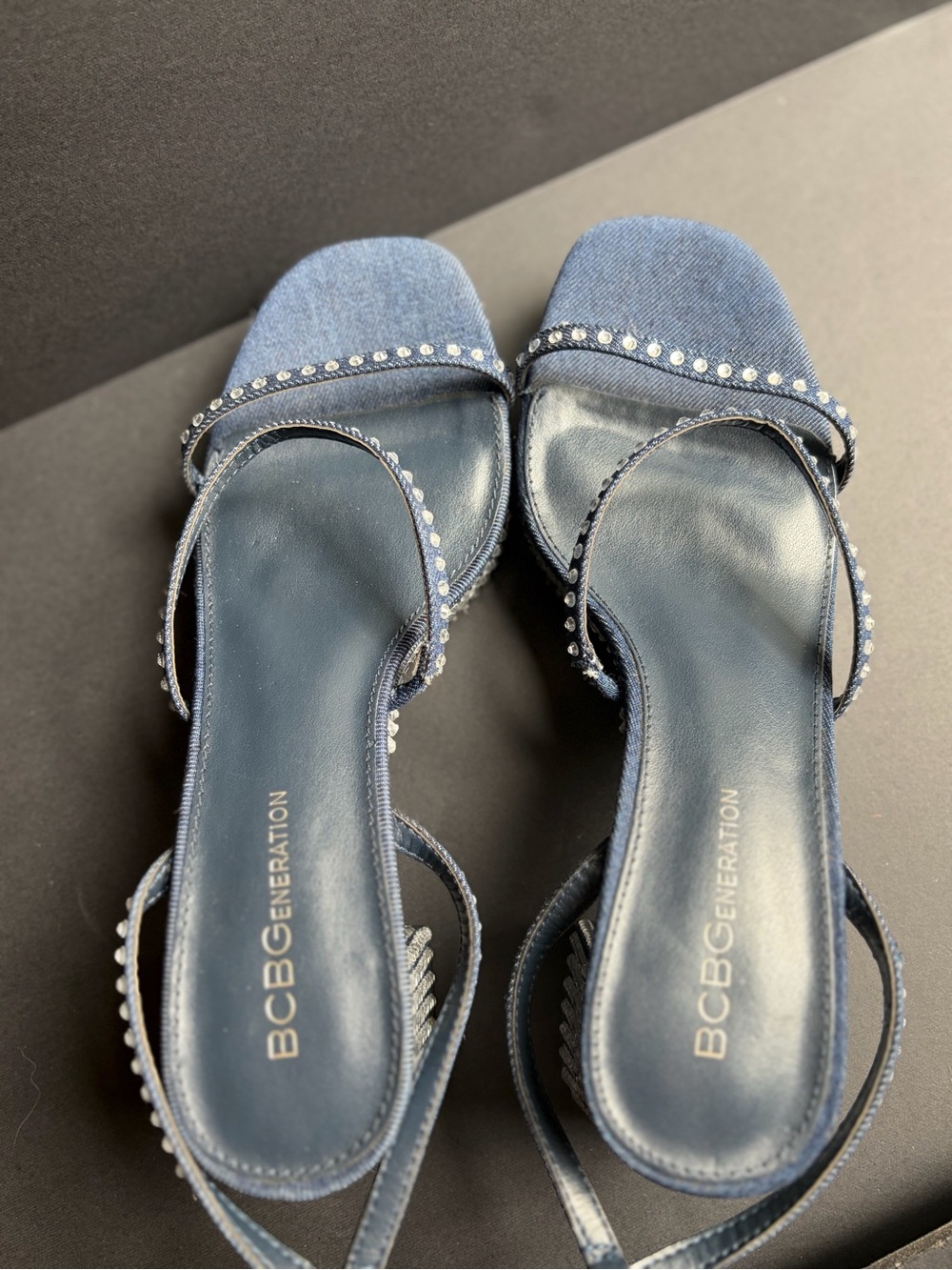 BCBGeneration Blue Rhinestone Block Heel Sandals - Picture 7 of 13